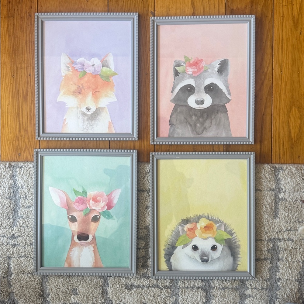 Set of Four Adorable 8”x10” Animal Portraits with Floral Crowns in Frames